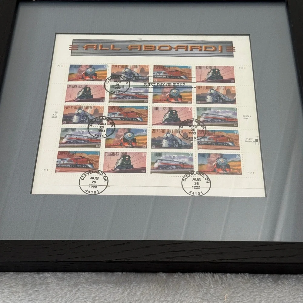 USPS All Aboard Train‎ Stamp Sheet 1999 First Day Issue Framed 33c Rail
